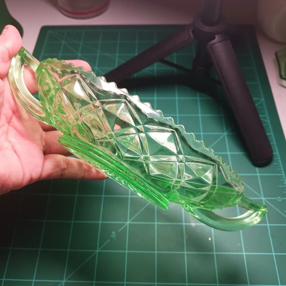 Imperial Glass Green Uranium Diamond Block 2~Handle Pickle / Sundae Dish.